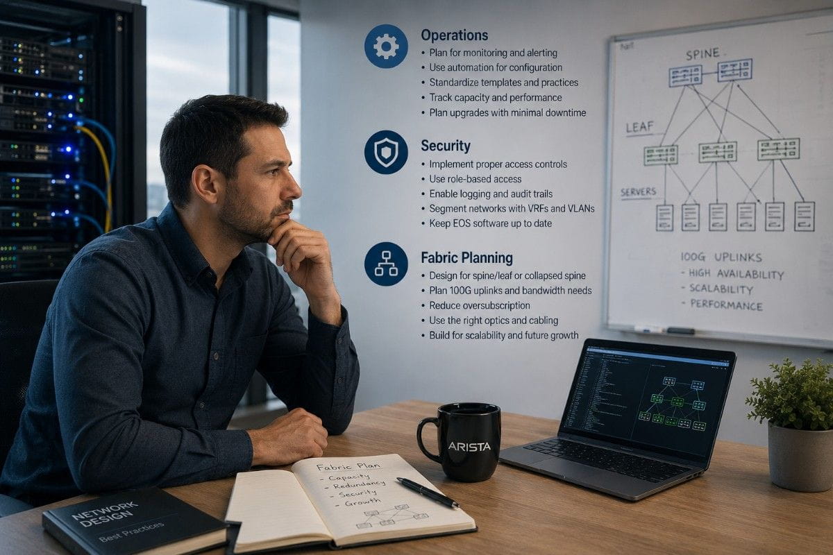 Network engineer reviews operations, security, and fabric planning notes beside server racks and a spine-leaf network diagram.
