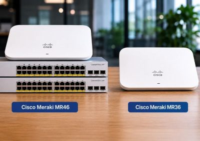 Cisco Meraki MR46 and MR36 Wi-Fi 6 access points with Catalyst PoE switches on a modern office desk.