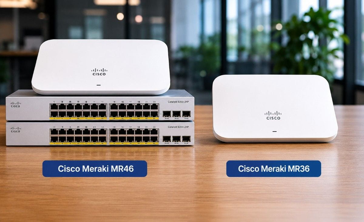 Cisco Meraki MR46 and MR36 Wi-Fi 6 access points with Catalyst PoE switches on a modern office desk.
