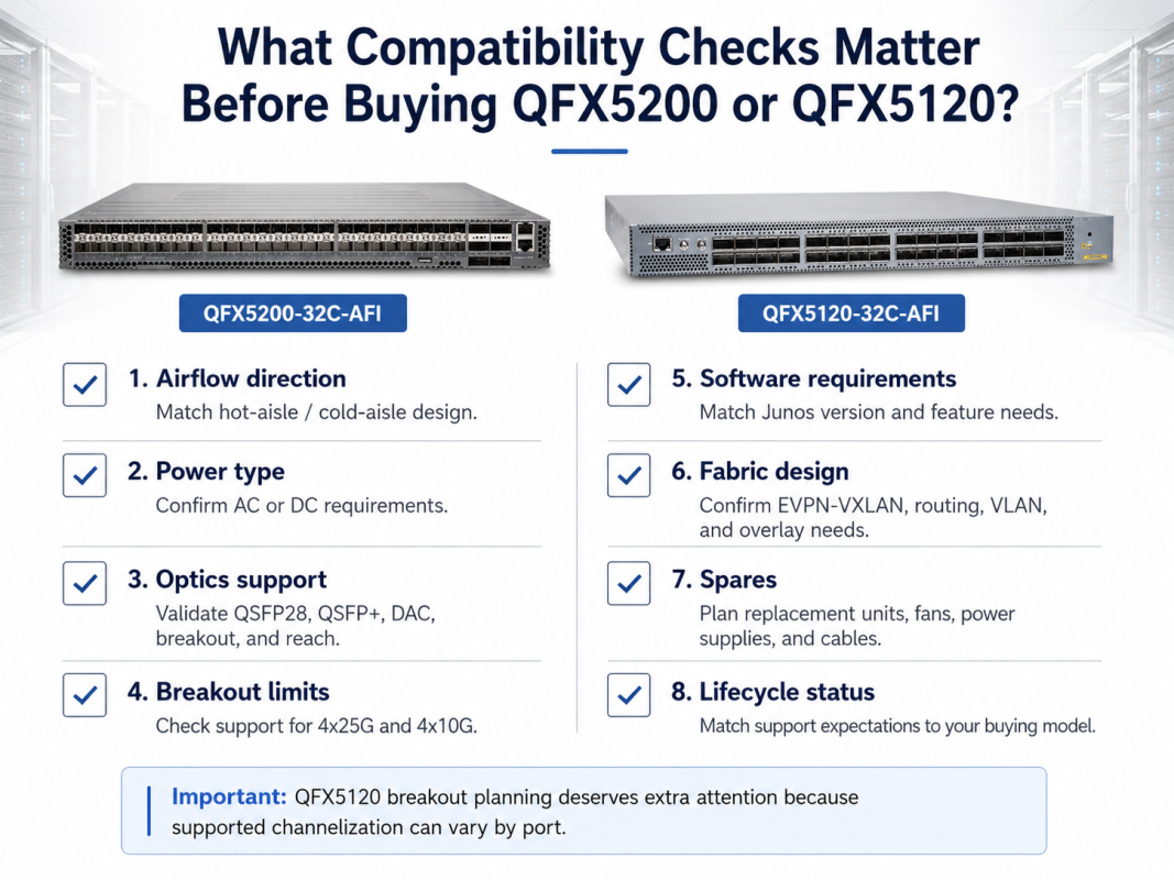 Juniper QFX5200 and QFX5120 compatibility checklist showing airflow, power type, optics, software, fabric design, and spares.