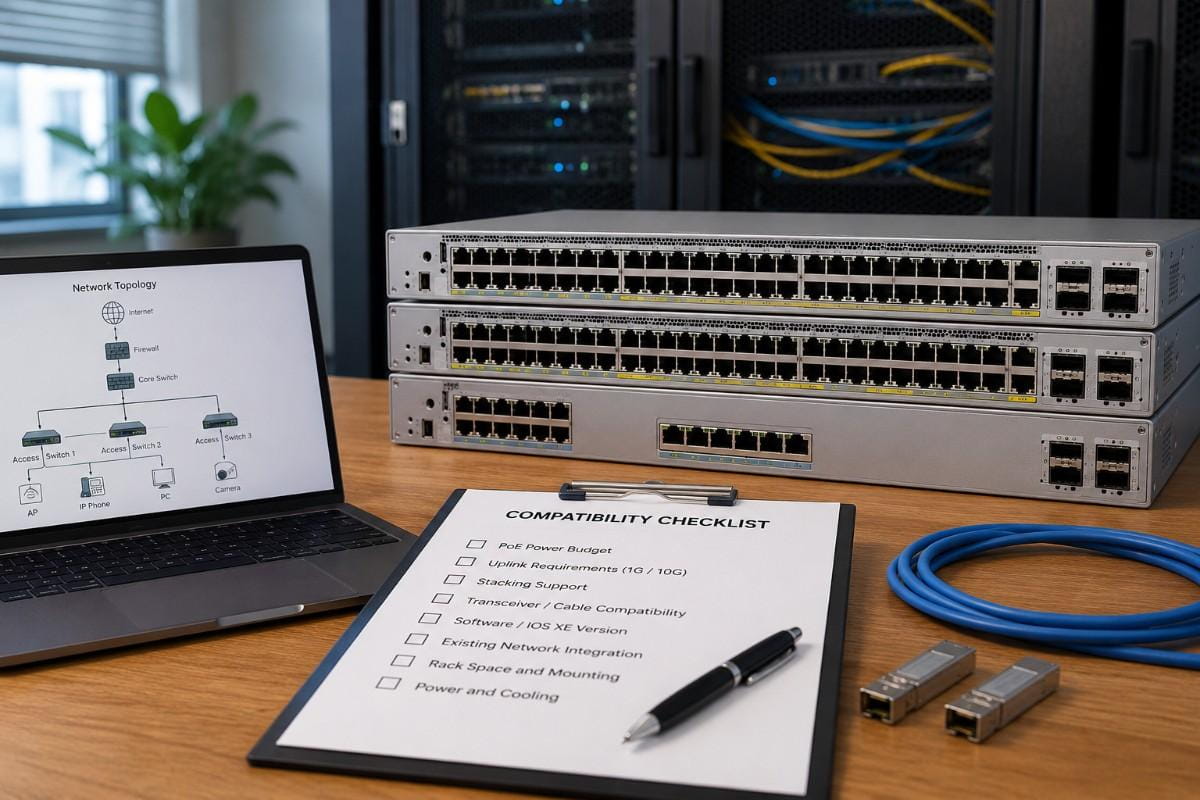 Cisco Catalyst switches in a server room beside a network topology screen, illustrating compatibility checks before deployment or purchase.