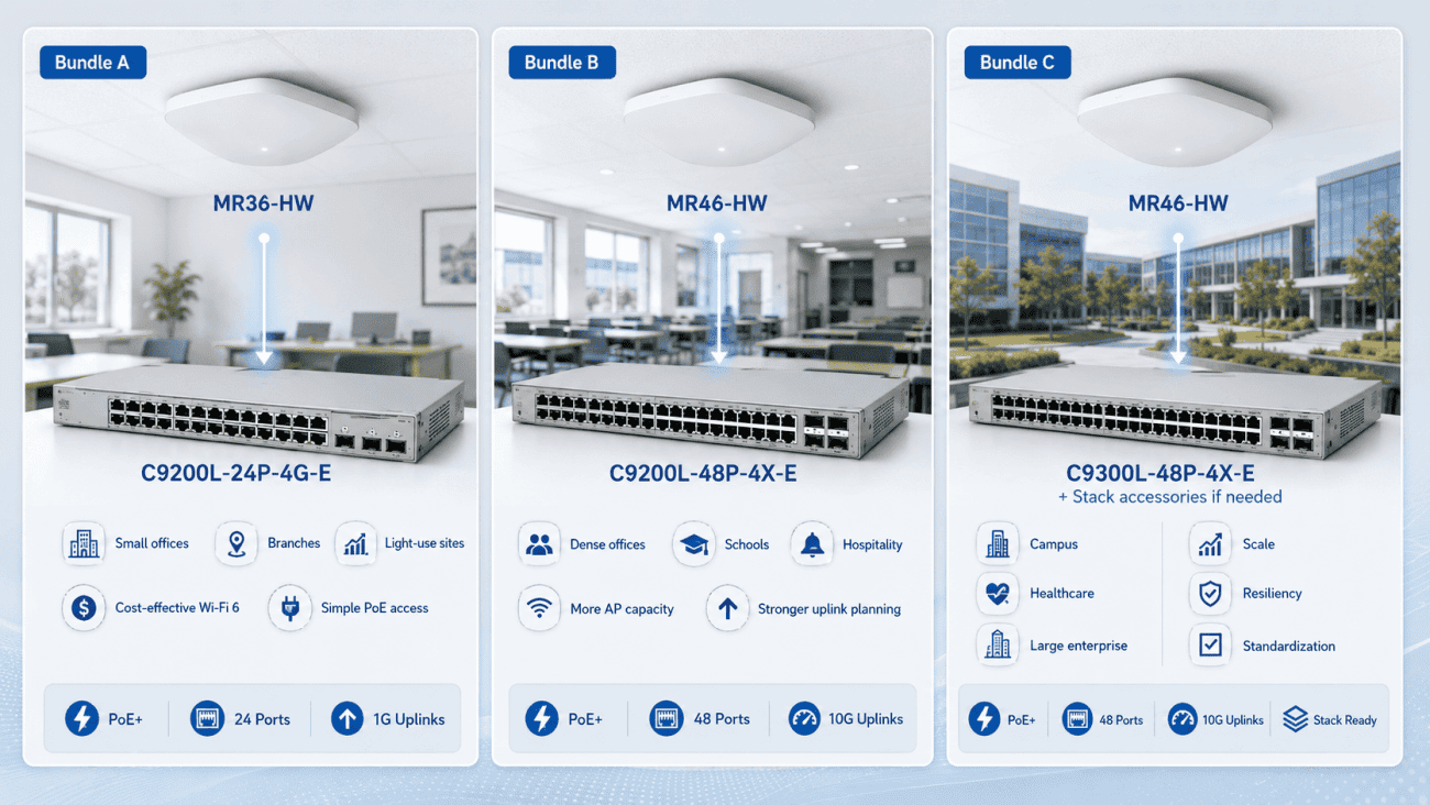 Three Meraki Wi-Fi 6 bundles showing MR36 and MR46 access points paired with Catalyst PoE switches for offices, classrooms, and campuses.