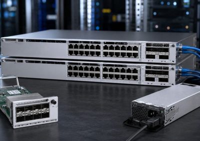 Cisco Catalyst 9300 network switches displayed with stacking cables, expansion modules, and power supply components in a data center environment.