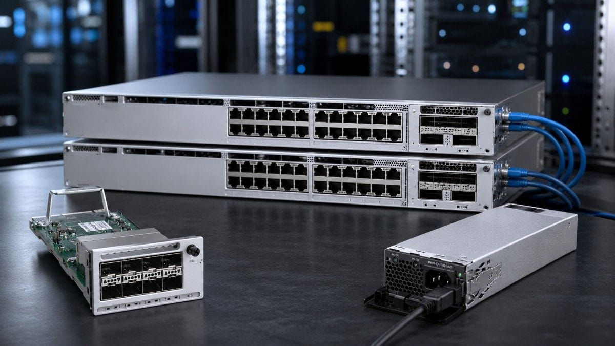 Cisco Catalyst 9300 network switches displayed with stacking cables, expansion modules, and power supply components in a data center environment.