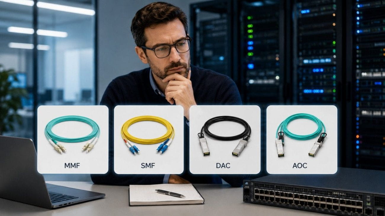 Network engineer compares MMF, SMF, DAC, and AOC cable options in a data center for high-speed switch connectivity planning.