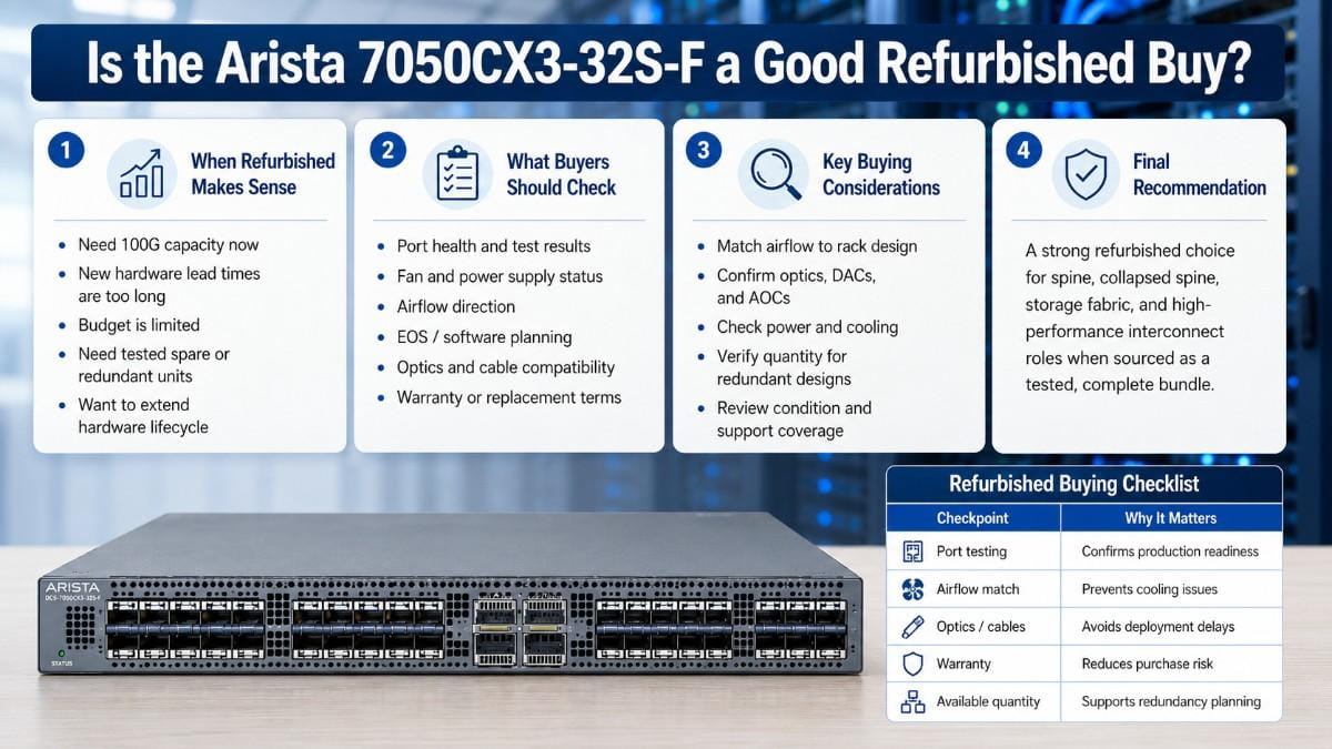 Arista 7050CX3-32S-F refurbished buying guide showing switch, checklist, key checks, and recommendations for 100G data center use.