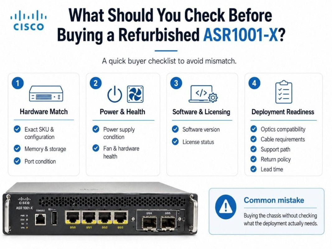 Refurbished Cisco ASR1001-X buyer checklist covering hardware match, power health, software licensing, and deployment readiness.