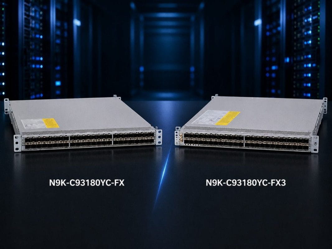 Cisco Nexus N9K-C93180YC-FX and N9K-C93180YC-FX3 switches shown in a data center for a switch comparison.
