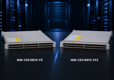 Cisco Nexus N9K-C93180YC-FX and N9K-C93180YC-FX3 switches shown in a data center for a switch comparison.