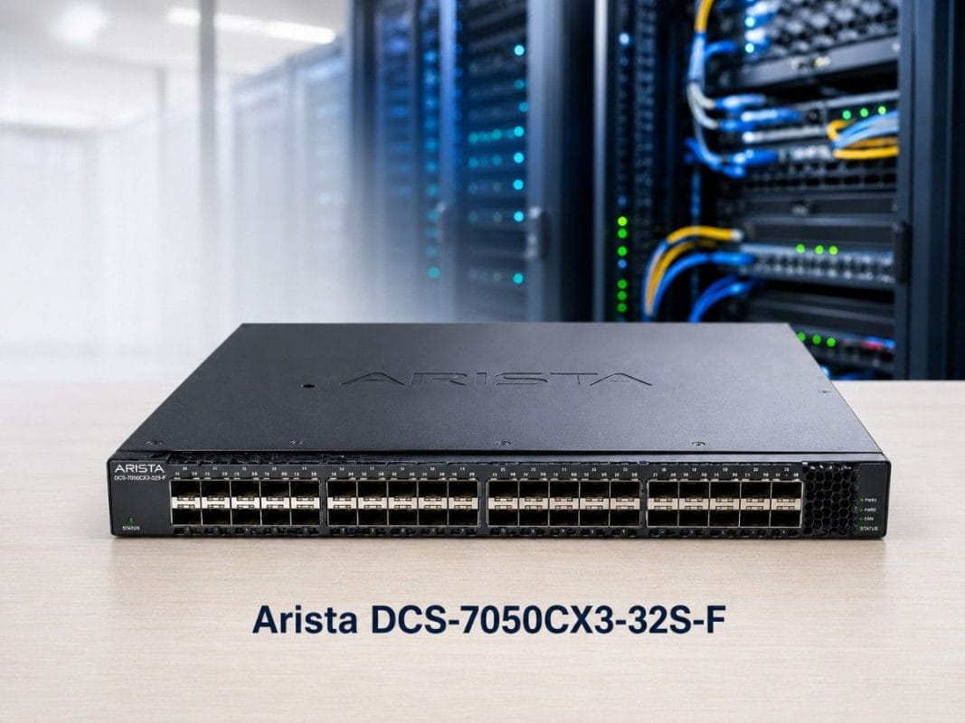Arista DCS-7050CX3-32S-F 100G data center switch shown in a server rack environment for spine and high-density network use