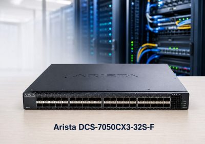 Arista DCS-7050CX3-32S-F 100G data center switch shown in a server rack environment for spine and high-density network use