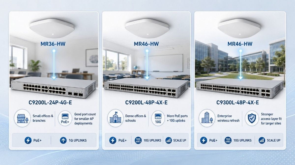 Meraki MR36 and MR46 APs paired with Catalyst C9200L and C9300L PoE switches for branch, office, school, and enterprise Wi-Fi deployments.