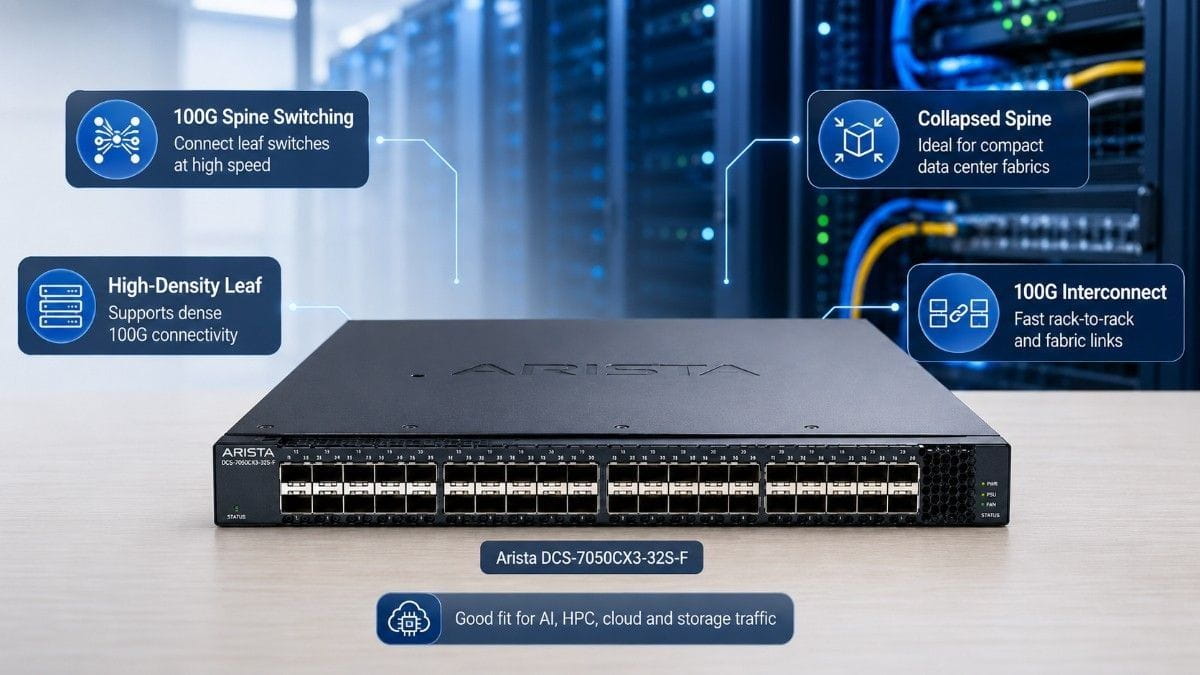 Arista DCS-7050CX3-32S-F switch infographic showing 100G spine switching, high-density leaf, collapsed spine, and interconnect use cases.