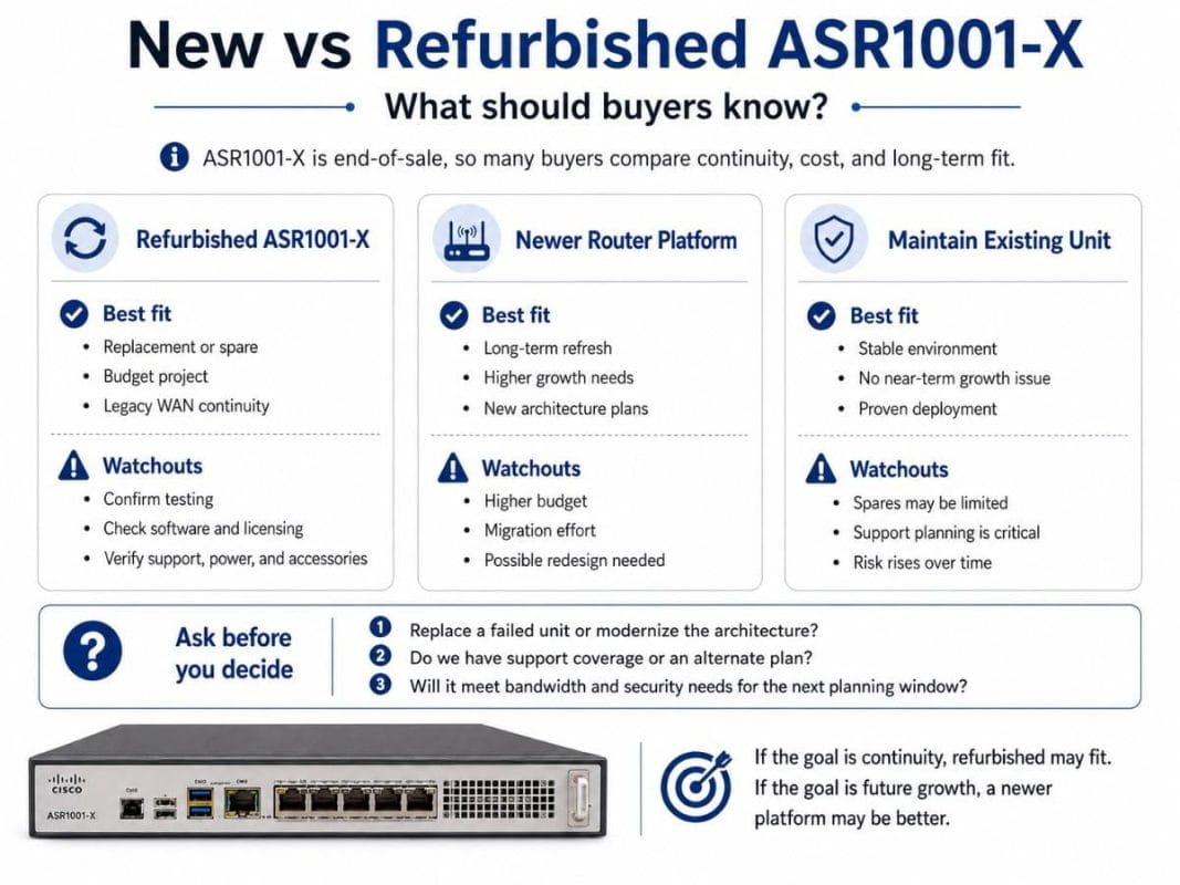 New vs refurbished ASR1001-X comparison showing buyer options for refurbished units, newer router platforms, or maintaining existing routers.