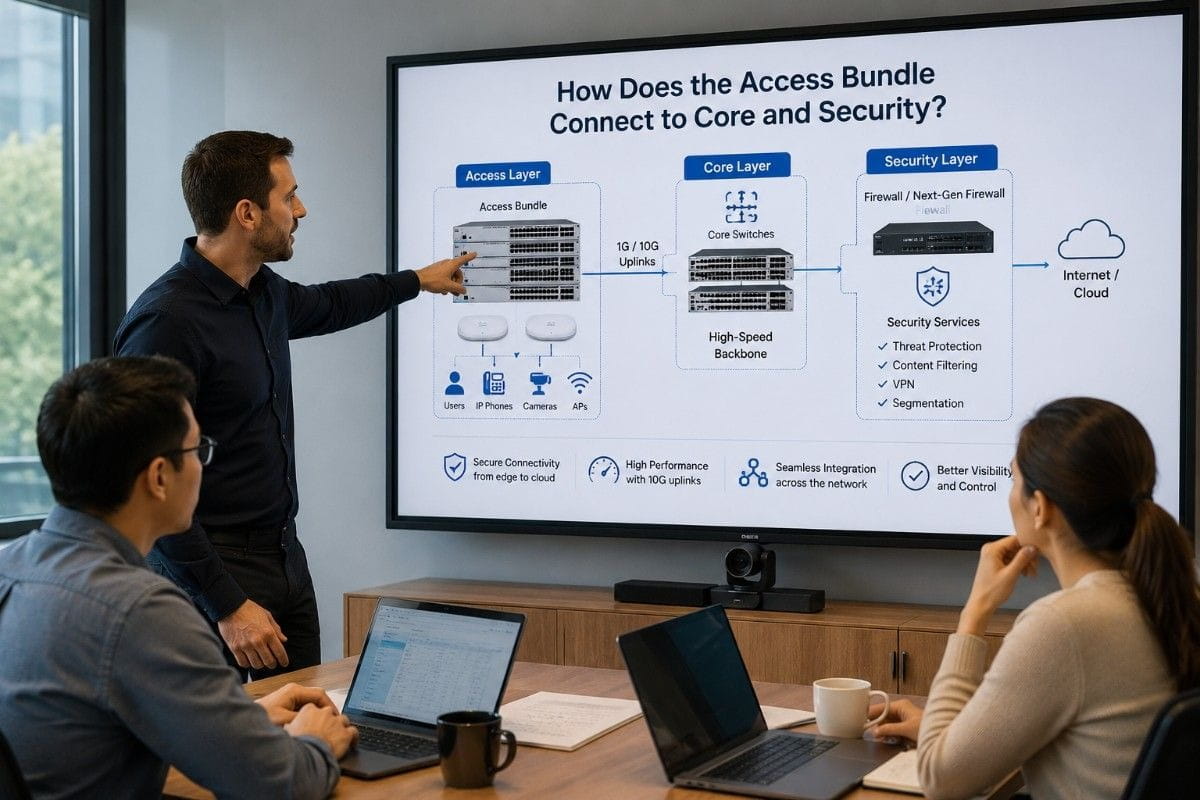 Presenter explains access bundle diagram linking switches and APs to core switches, firewall security, internet, and cloud services.
