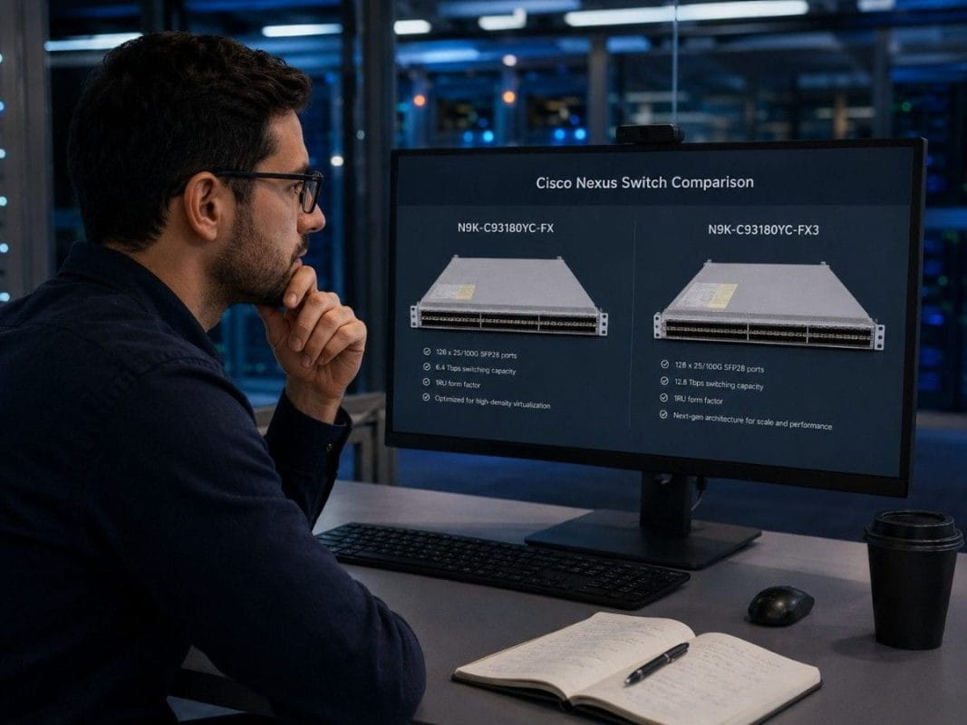 Engineer reviews Cisco Nexus N9K-C93180YC-FX and N9K-C93180YC-FX3 switch comparison on a monitor in a data center.