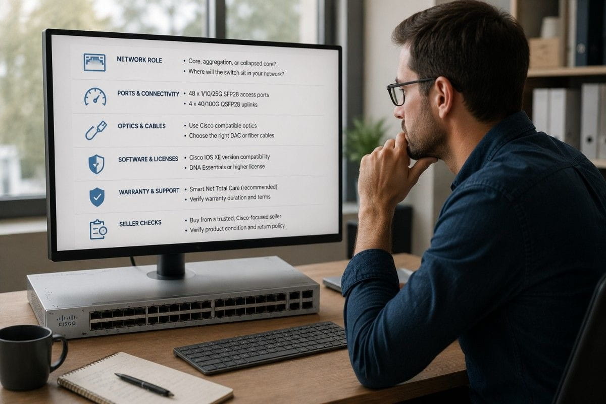 Engineer reviews a Cisco C9500-48Y4C-A buying checklist covering network role, ports, optics, software, licenses, and support.