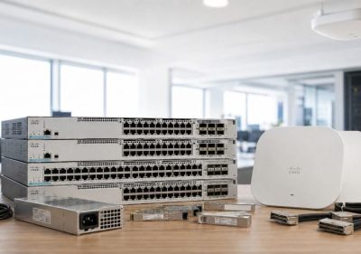 Cisco Catalyst switches, Meraki Wi-Fi access points, power supplies, stacking cables, and uplink modules shown in an office network bundle.