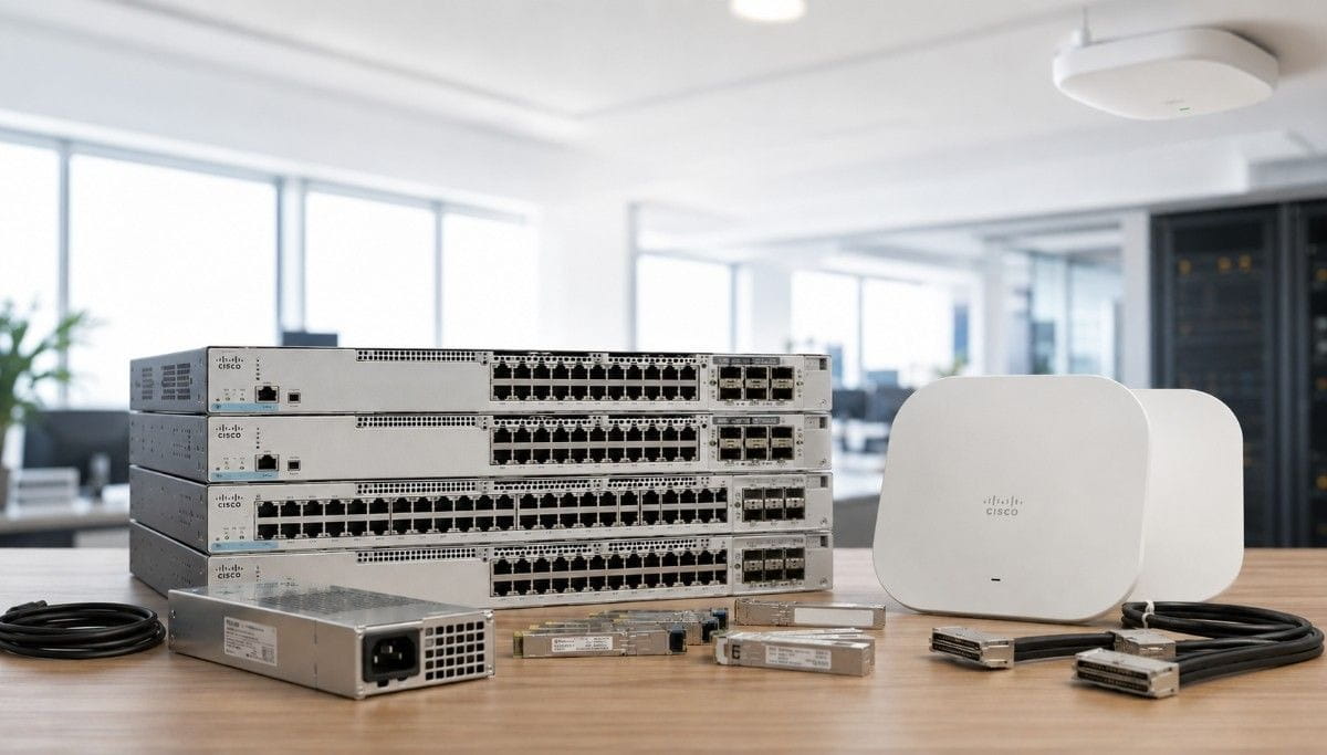Cisco Catalyst switches, Meraki Wi-Fi access points, power supplies, stacking cables, and uplink modules shown in an office network bundle.