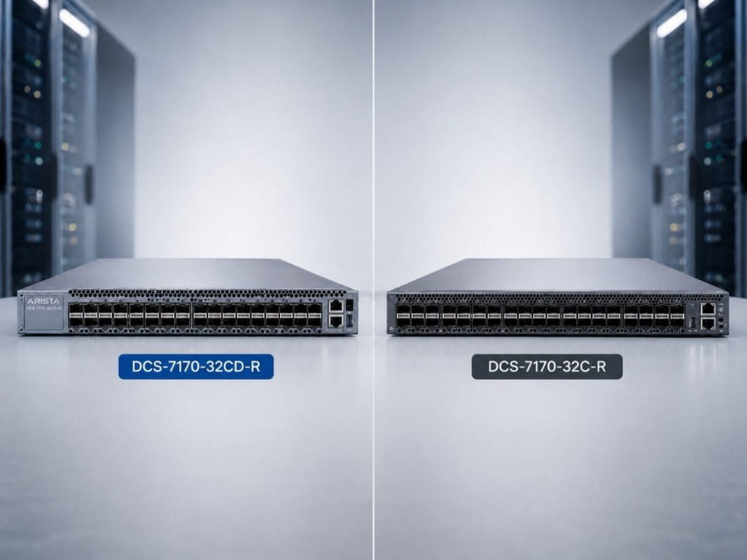 Side-by-side Arista DCS-7170-32CD-R and DCS-7170-32C-R 100G switches in a data center, highlighting programmable networking for advanced cloud infrastructure needs today