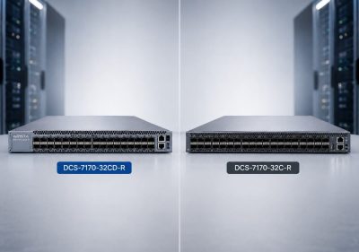 Side-by-side Arista DCS-7170-32CD-R and DCS-7170-32C-R 100G switches in a data center, highlighting programmable networking for advanced cloud infrastructure needs today
