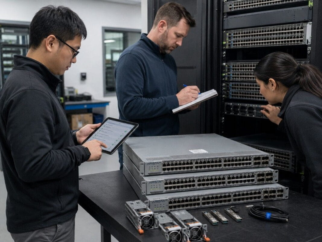 Technicians inspecting refurbished Arista switches in a data center, checking ports, optics, airflow and hardware condition before purchase.