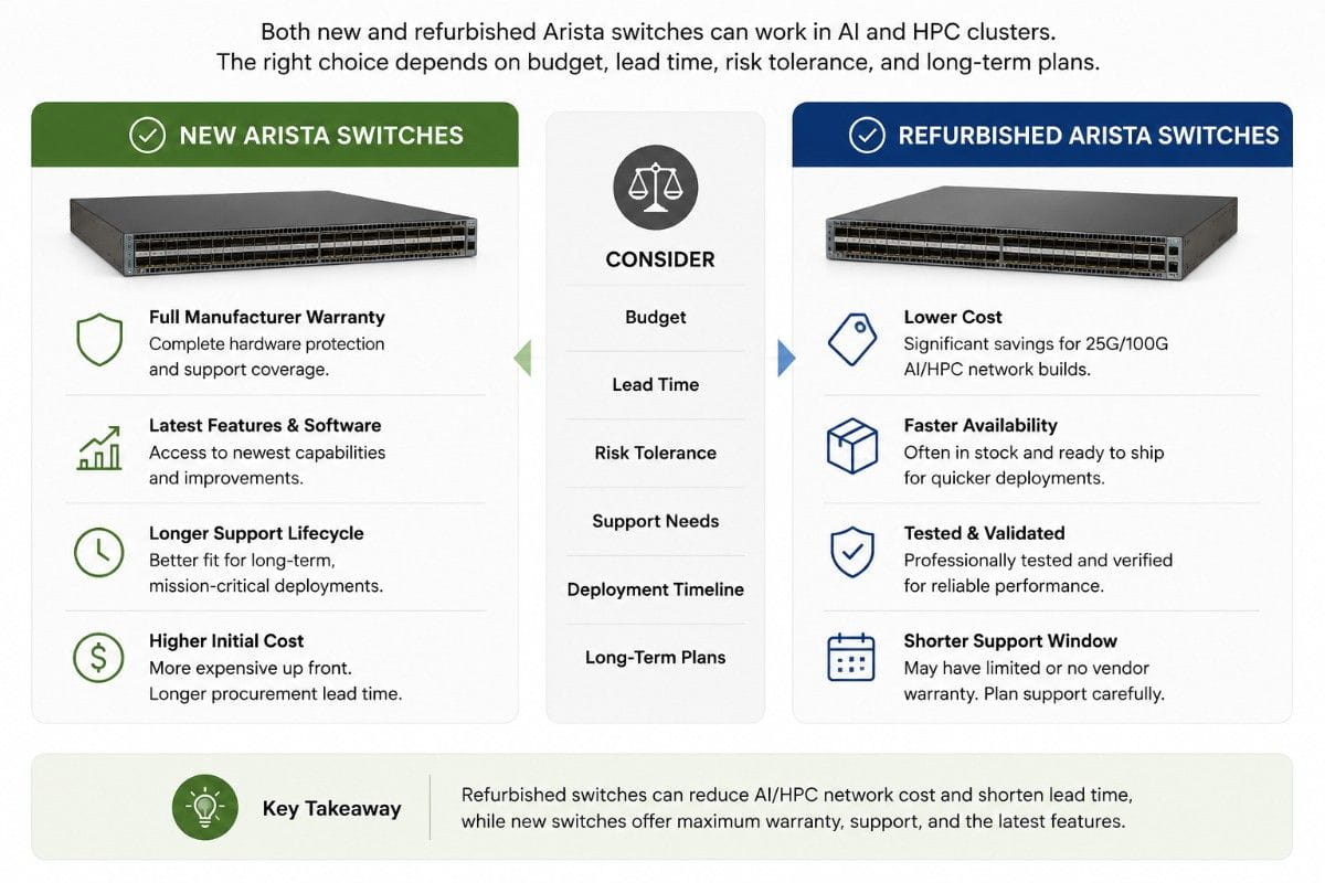 New vs refurbished Arista switch comparison for AI/HPC teams, showing cost, warranty, lead time and support decision factors.