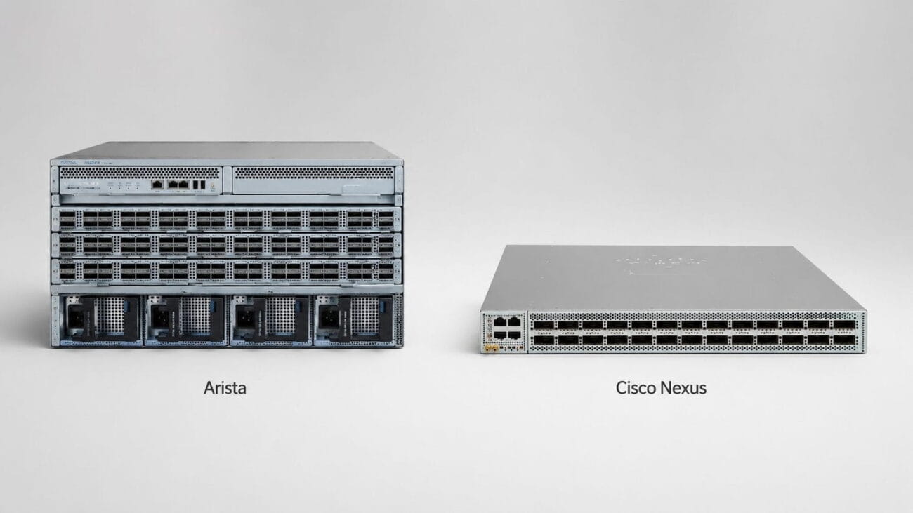 Arista and Cisco Nexus data center switches displayed side by side on a minimal gray background for platform comparison.