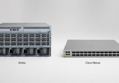 Arista and Cisco Nexus data center switches displayed side by side on a minimal gray background for platform comparison.