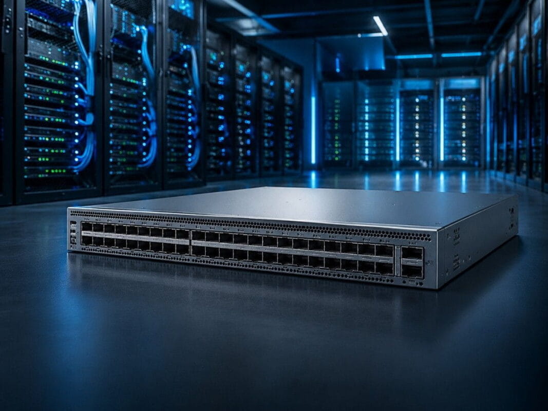 Realistic Arista-style switch showcased in a dark blue data center with glowing racks for a clean tech blog feature image.