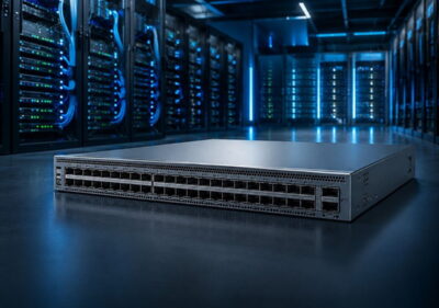Realistic Arista-style switch showcased in a dark blue data center with glowing racks for a clean tech blog feature image.