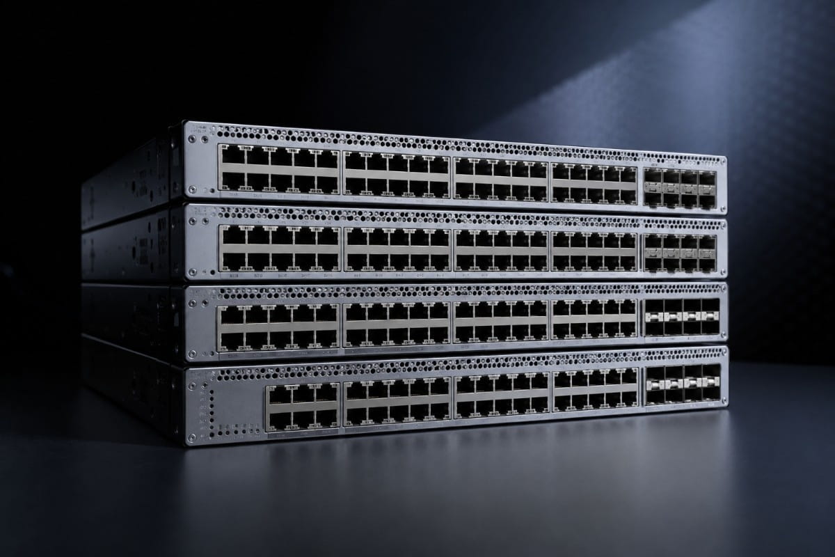 Realistic Cisco switch stack on dark background highlighting refurbished enterprise access network hardware for 2026 buyers
