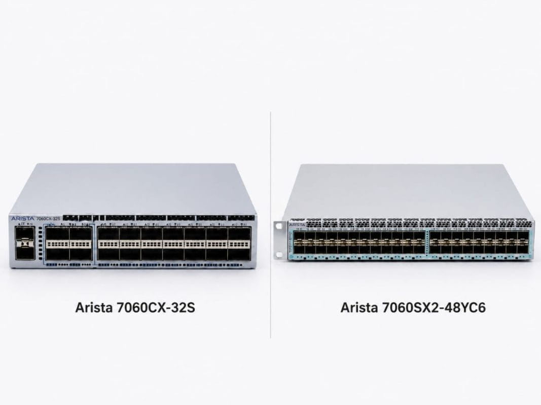 “Side-by-side comparison of two Arista data center switches: the Arista 7060CX-32S on the left and the Arista 7060SX2-48YC6 on the right. The image highlights their different port layouts and configurations, comparing a 100G spine switch design with a 25G leaf switch architecture for enterprise and cloud networking environments.”