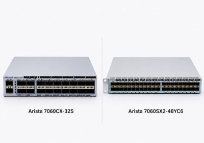 “Side-by-side comparison of two Arista data center switches: the Arista 7060CX-32S on the left and the Arista 7060SX2-48YC6 on the right. The image highlights their different port layouts and configurations, comparing a 100G spine switch design with a 25G leaf switch architecture for enterprise and cloud networking environments.”