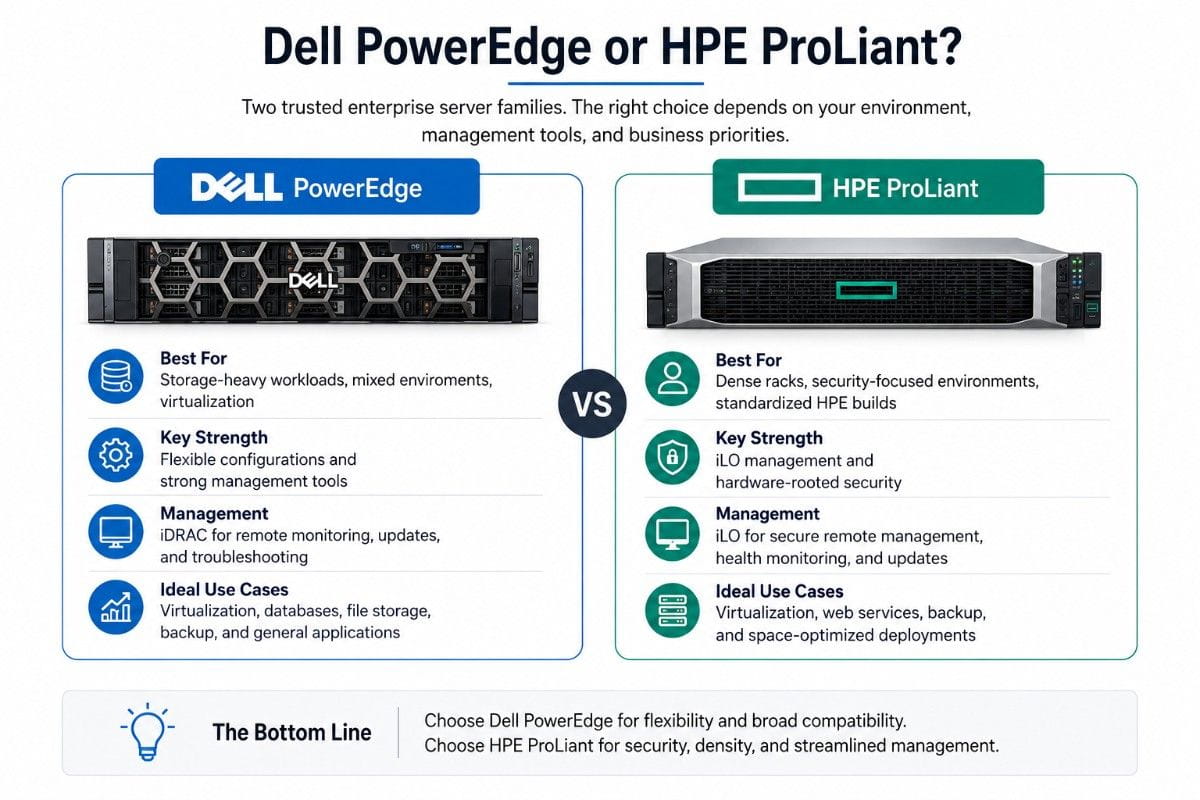 Dell PowerEdge vs HPE ProLiant infographic comparing best fit, key strengths, management tools, and use cases