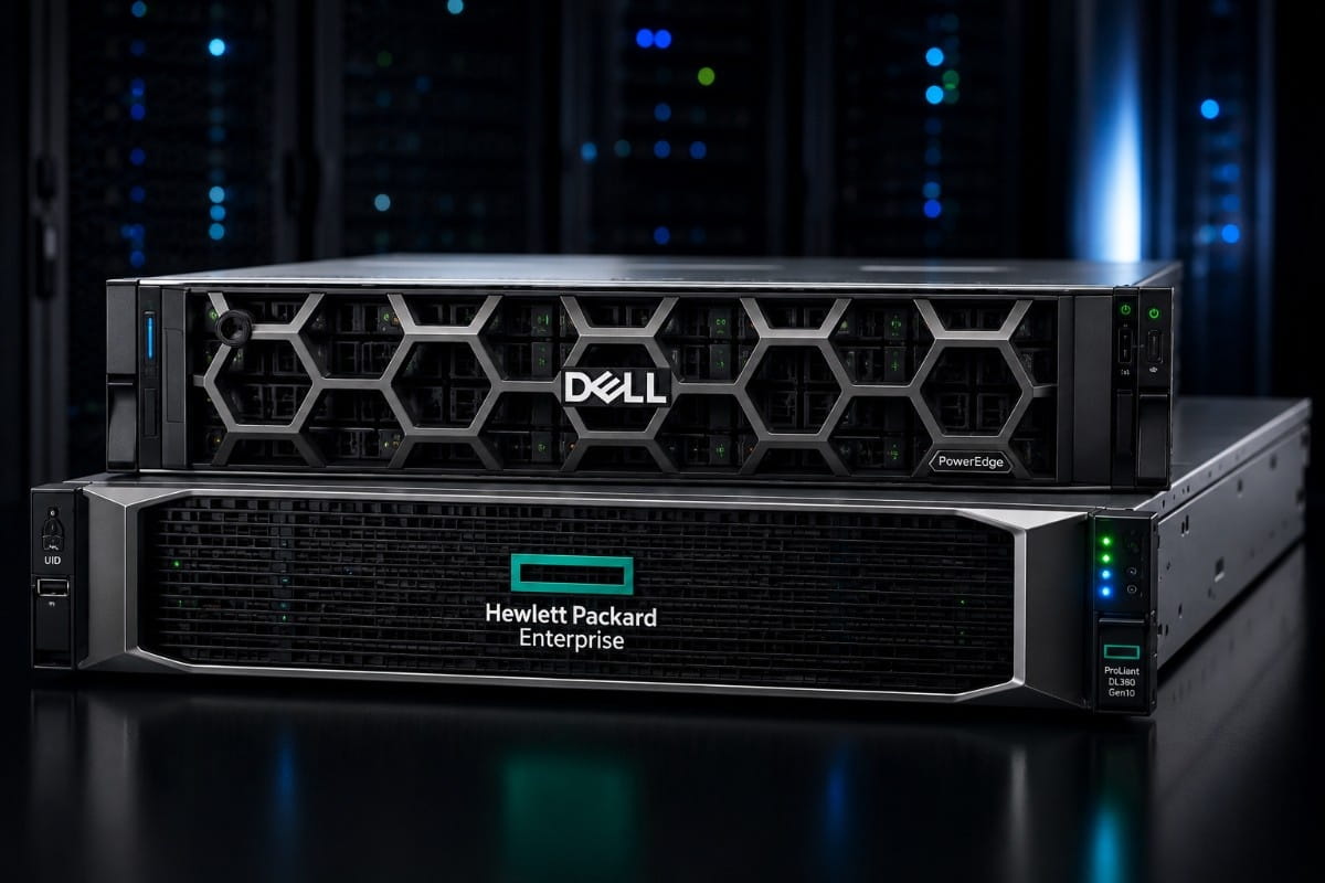 Dell PowerEdge and HPE ProLiant refurbished servers highlighted on dark background for enterprise server buying guide