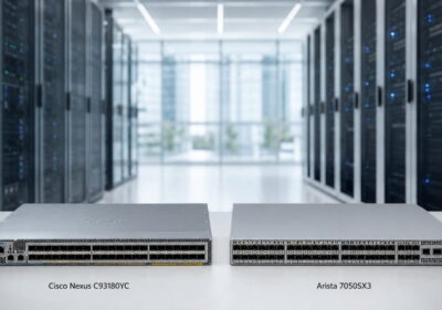 Cisco Nexus C93180YC and Arista 7050SX3 rackmount switches displayed side by side in a clean modern data center, representing an enterprise Cisco-to-Arista refresh comparison.