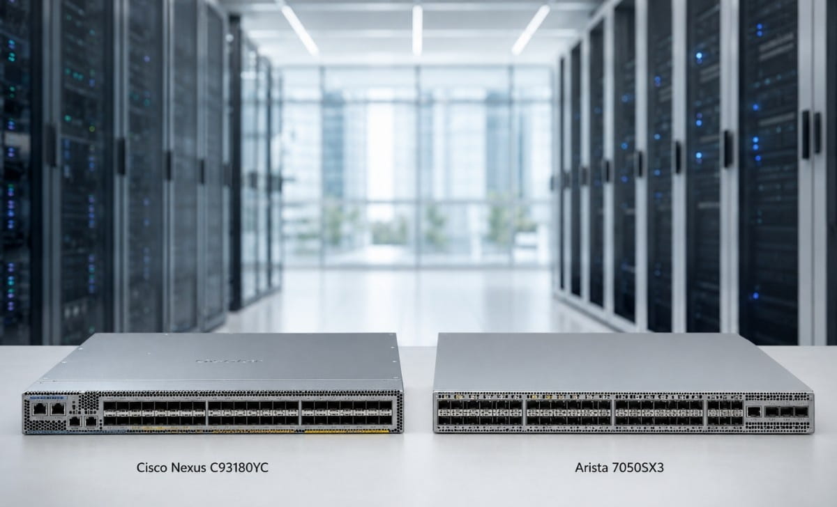 Cisco Nexus C93180YC and Arista 7050SX3 rackmount switches displayed side by side in a clean modern data center, representing an enterprise Cisco-to-Arista refresh comparison.