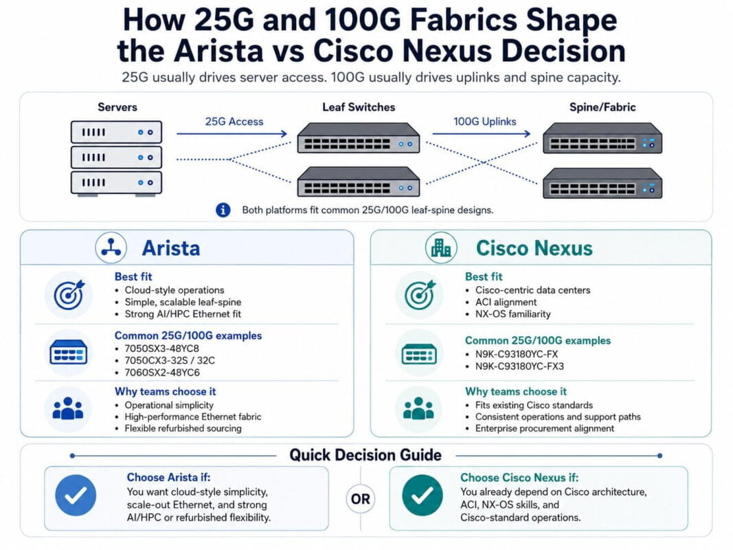 25G and 100G fabric infographic showing server access, leaf-spine uplinks, and Arista vs Cisco Nexus decision factors.