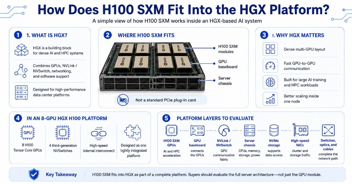 Infographic showing how H100 SXM modules fit on an HGX GPU baseboard inside a dense AI server platform.