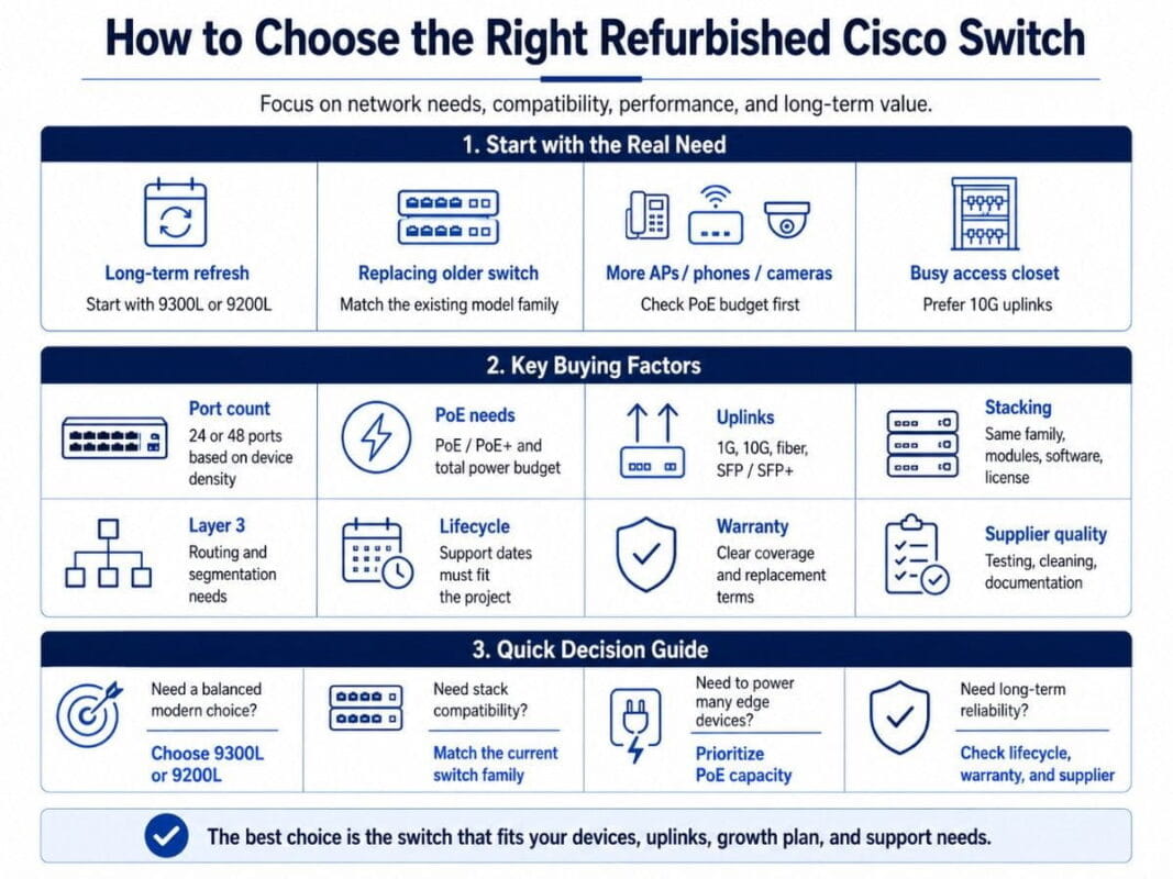 Infographic guide for choosing a refurbished Cisco switch by port count, PoE needs, uplinks, stacking, lifecycle, warranty, and supplier quality