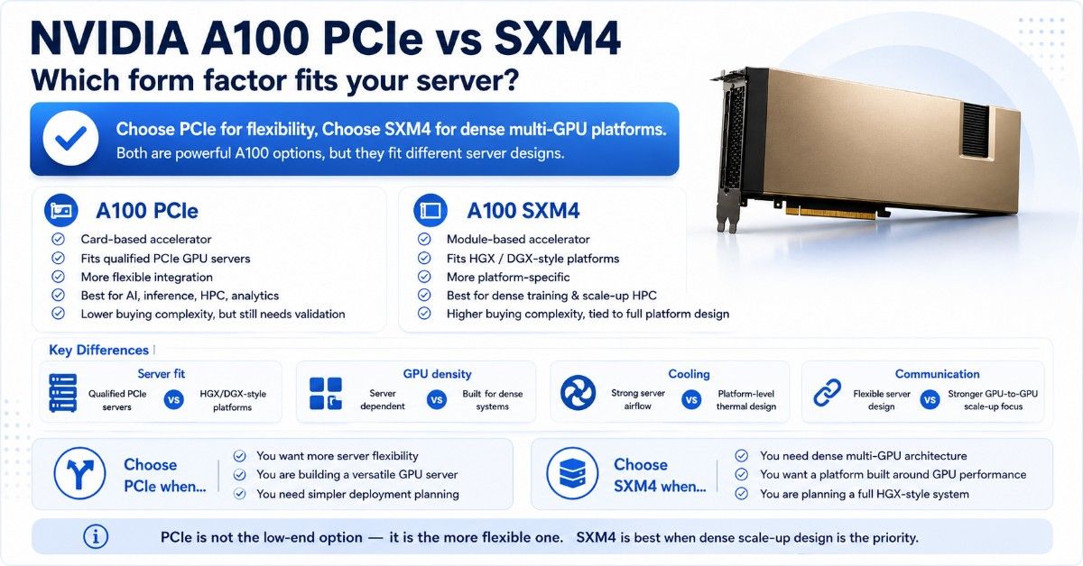 Organized blue and white comparison infographic showing key differences between NVIDIA A100 PCIe and SXM4 form factors.