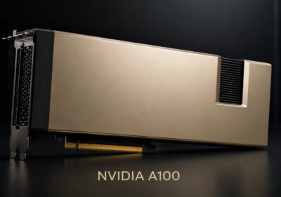 Realistic NVIDIA A100 GPU product render on a dark data center background with the product name highlighted below.