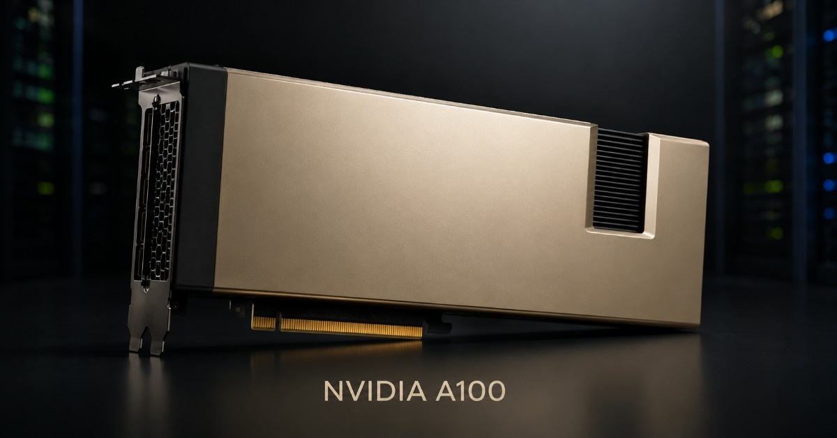 Realistic NVIDIA A100 GPU product render on a dark data center background with the product name highlighted below.
