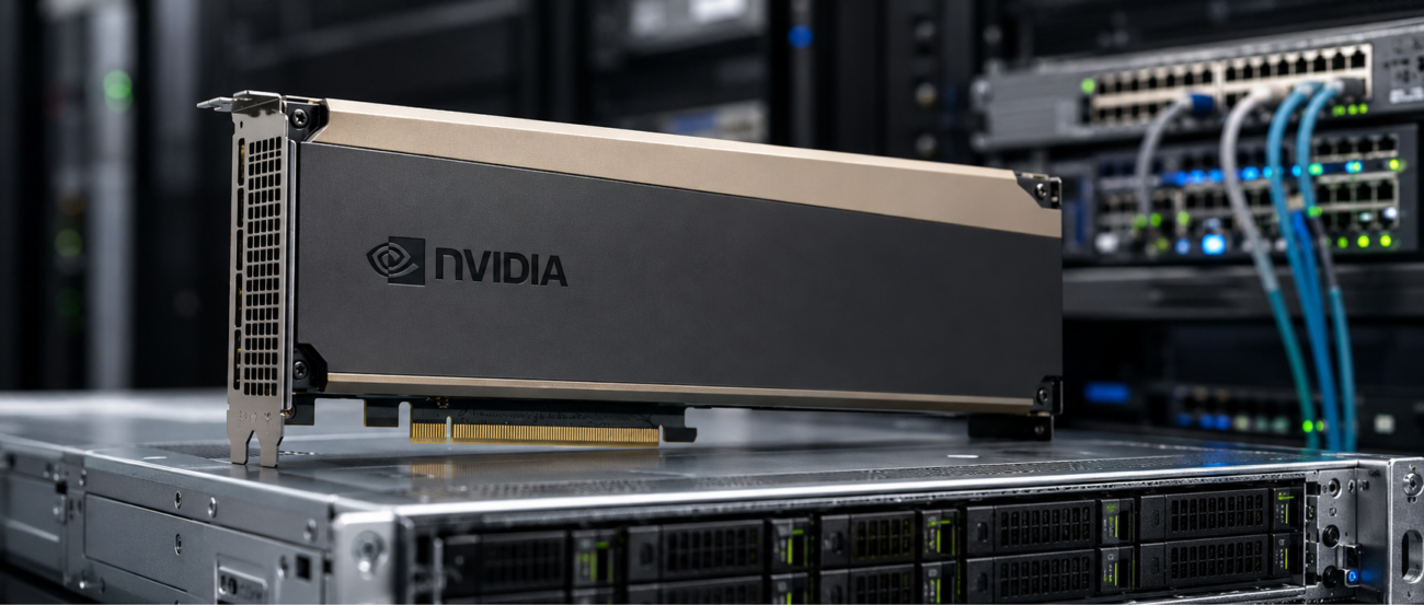 Realistic product image of an NVIDIA H100 PCIe 80GB GPU displayed on a server chassis in a modern data center, with the product name highlighted below.