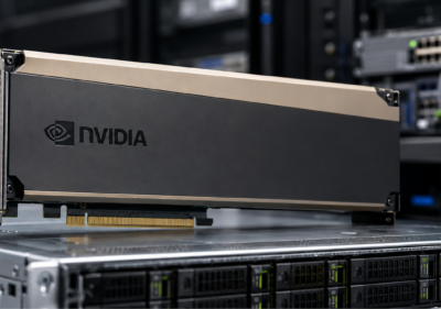 Realistic product image of an NVIDIA H100 PCIe 80GB GPU displayed on a server chassis in a modern data center, with the product name highlighted below.