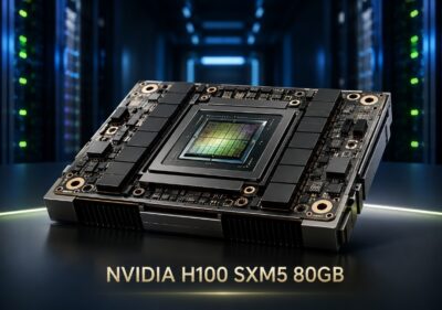 Realistic NVIDIA H100 SXM5 80GB GPU module displayed in a modern data center with blue and green lighting.