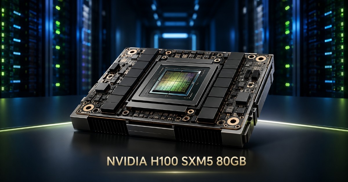 Realistic NVIDIA H100 SXM5 80GB GPU module displayed in a modern data center with blue and green lighting.