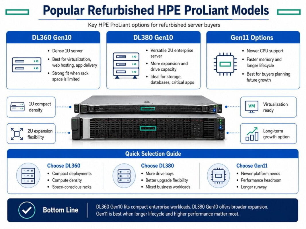Popular refurbished HPE ProLiant models infographic comparing DL360 Gen10, DL380 Gen10, and Gen11 server options