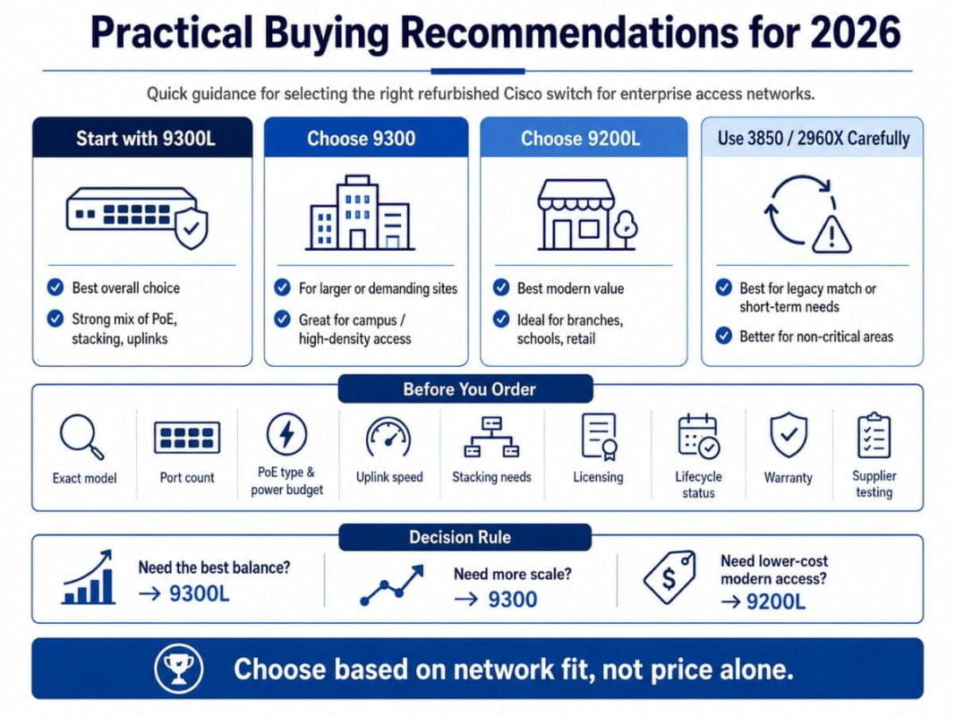 Infographic with practical 2026 buying recommendations for refurbished Cisco switches, covering 9300L, 9300, 9200L, and legacy options